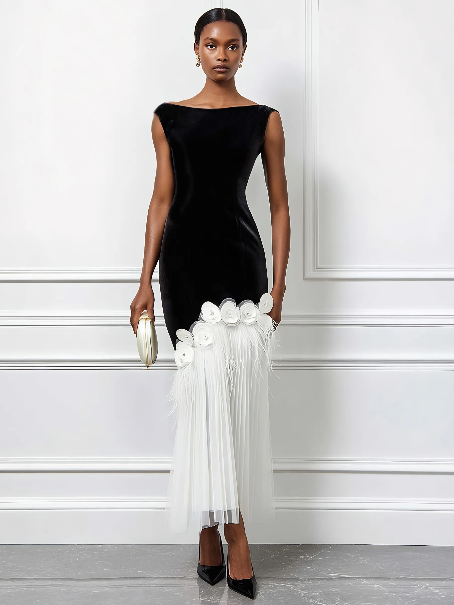 Black Tassel 3D Floral Velvet Boat Neck Sleeveless Mermaid Midi Dress