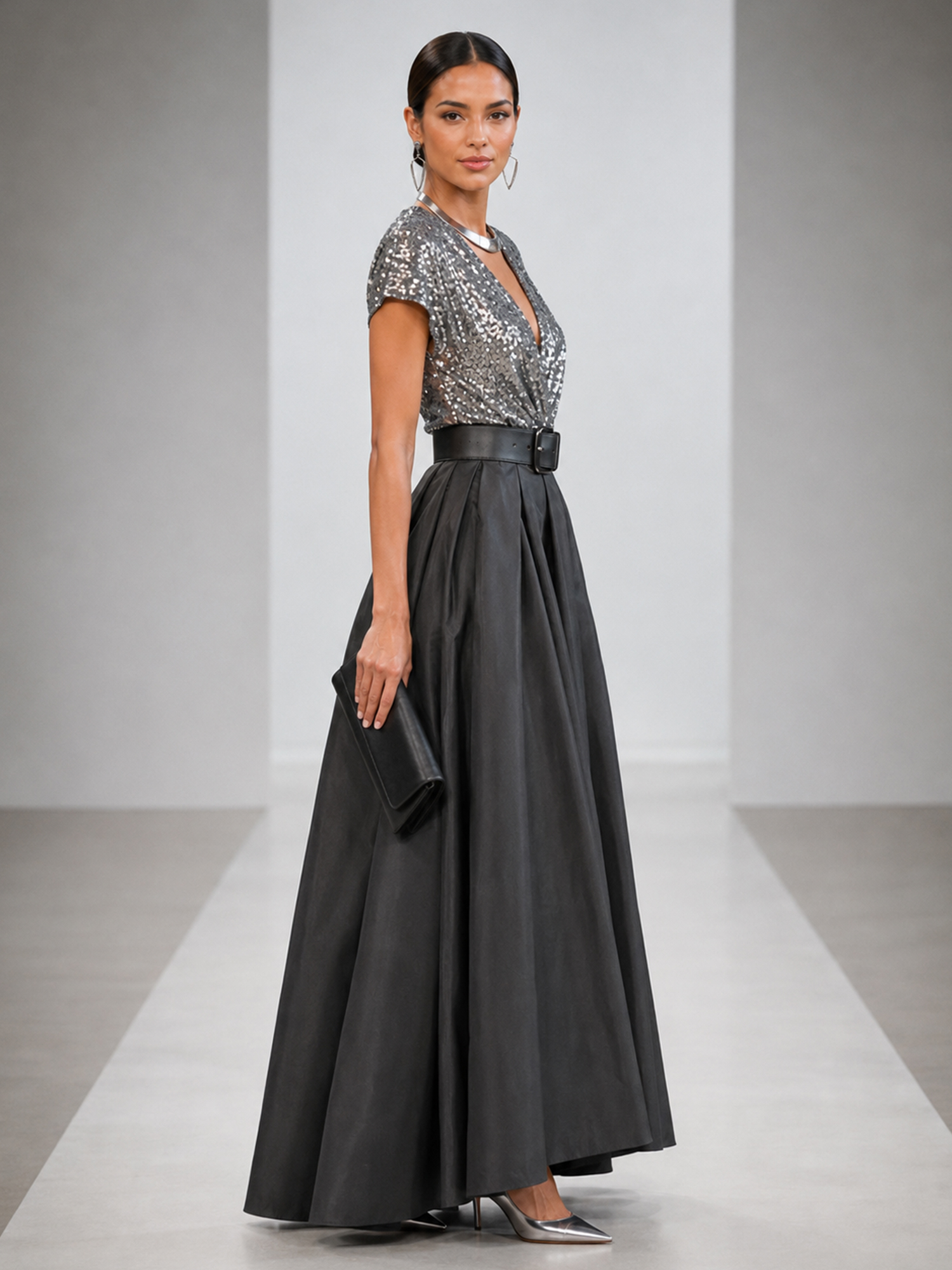 Dark Grey V‑Neck Short‑Sleeve A‑Line Sequin & Taffeta Maxi Evening Gown