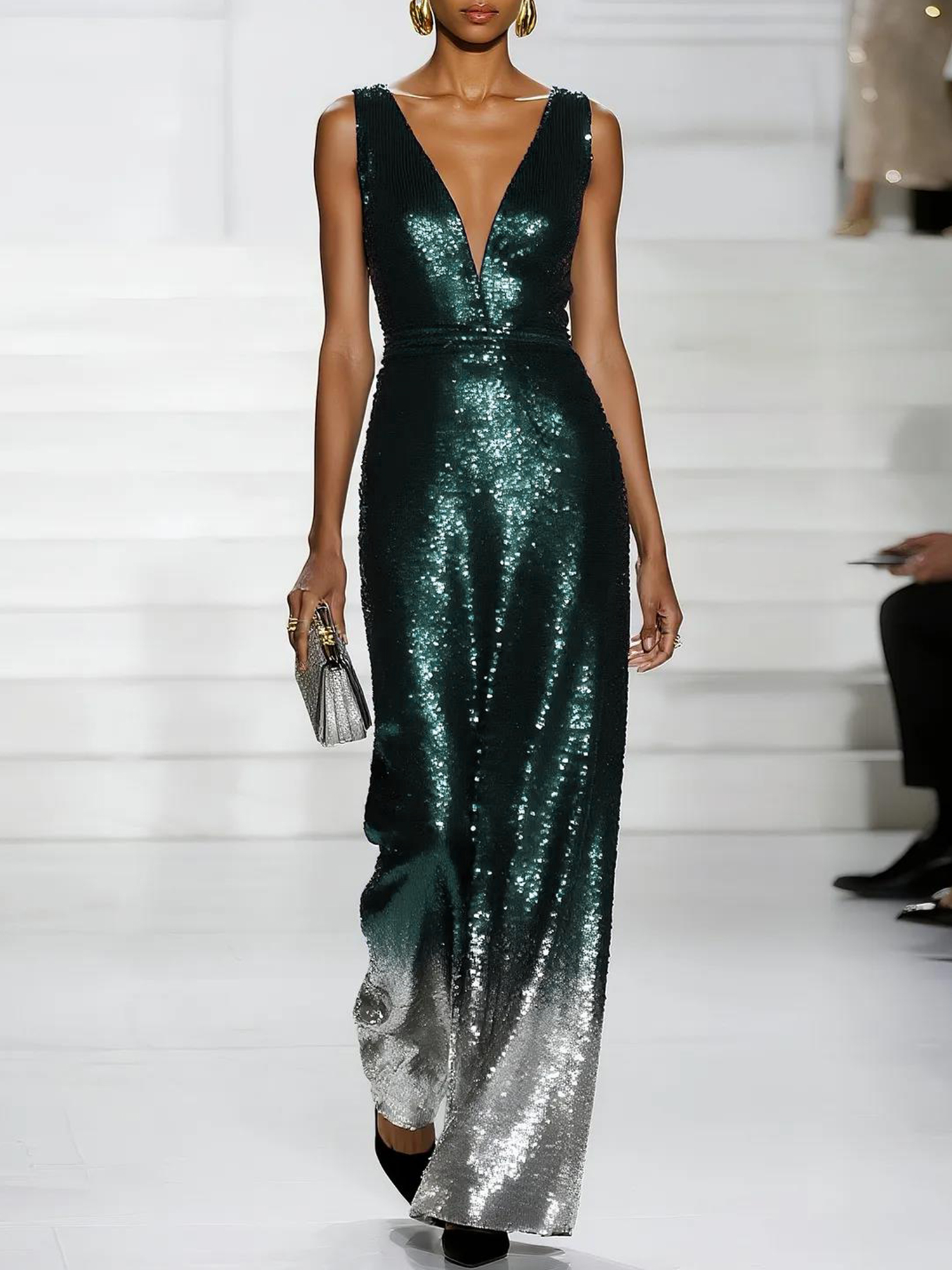 Navy Blue Ombre Sequin Deep V Neck Sleeveless Sheath Maxi Dress