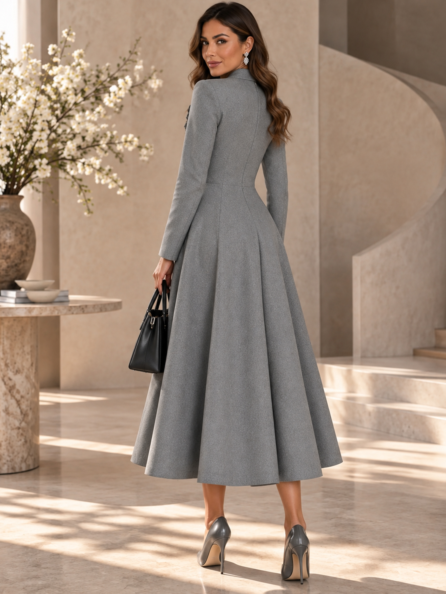 Grey V-Neck Long-Sleeve Floral A-Line Midi Dress