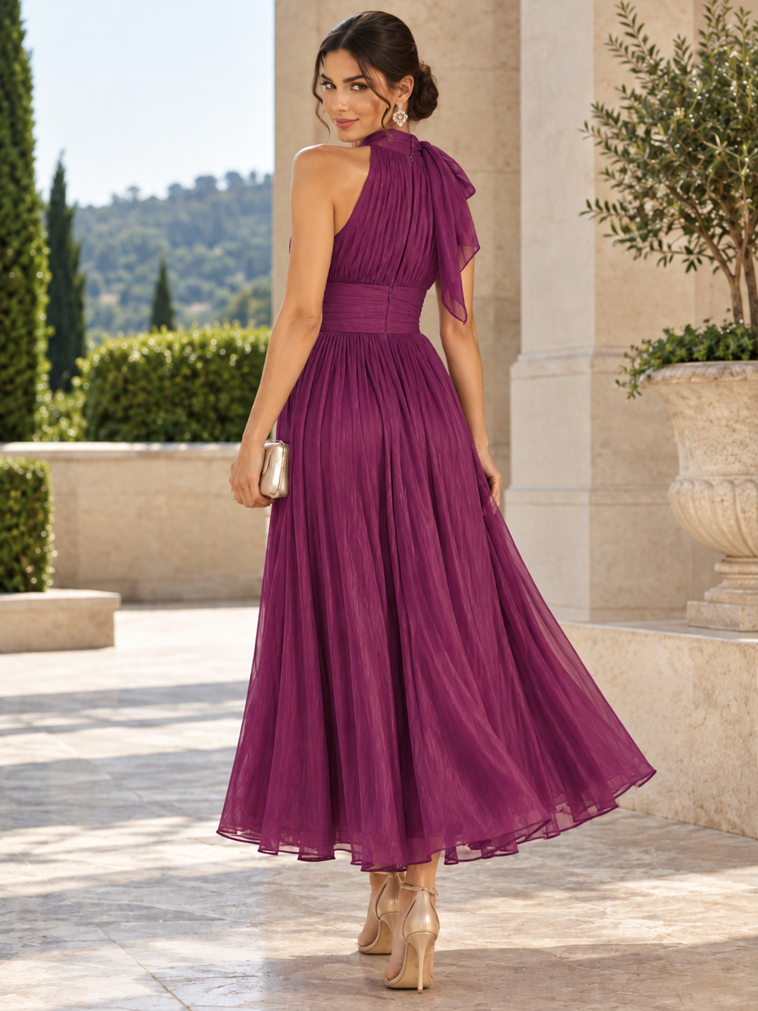 Plum Halter Bowknot Ruched A-Line Midi Dress