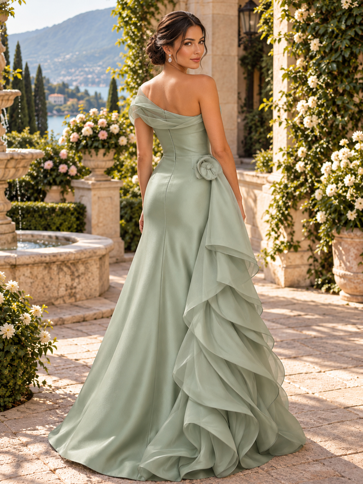 Sage Green One-Shoulder Sleeveless 3D Floral Ruffle A-Line Maxi Dress