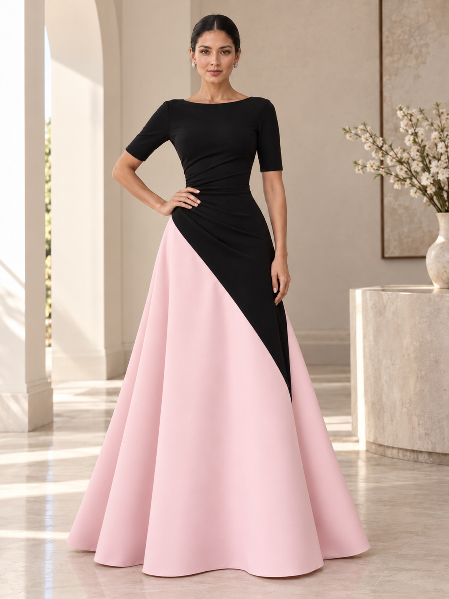Black & Blush Pink Round-Neck Elbow-Sleeve Twisted A-Line Maxi Dress