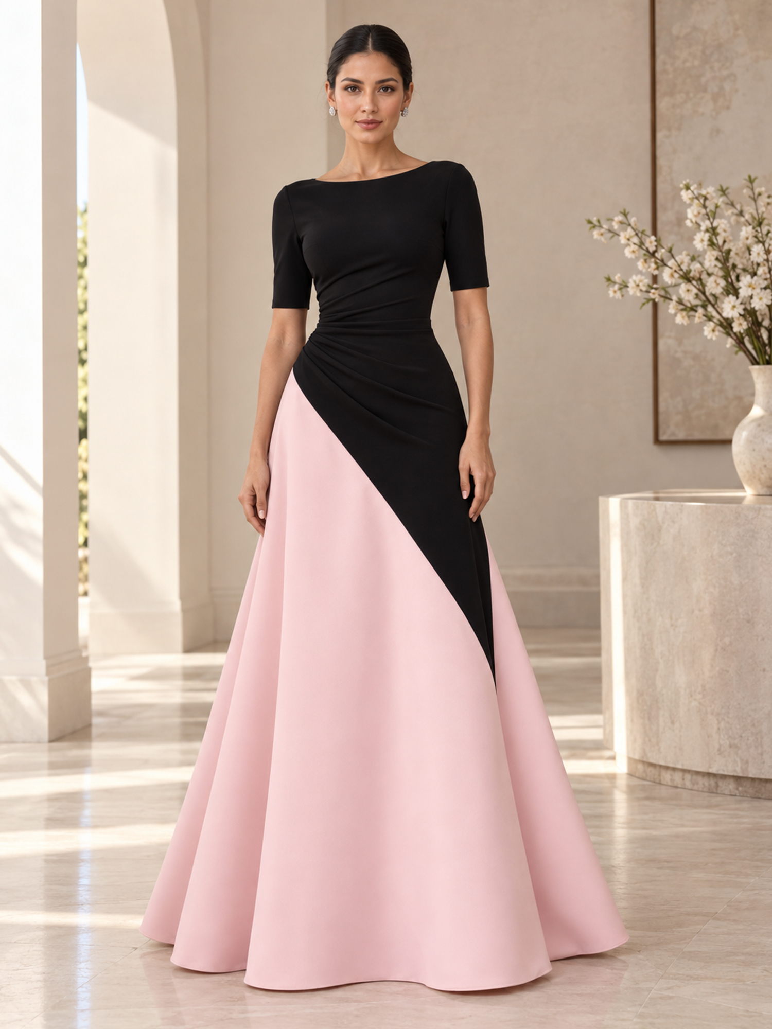 Black & Blush Pink Round-Neck Elbow-Sleeve Twisted A-Line Maxi Dress