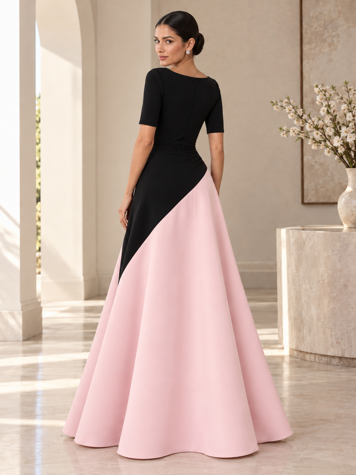 Black & Blush Pink Round-Neck Elbow-Sleeve Twisted A-Line Maxi Dress