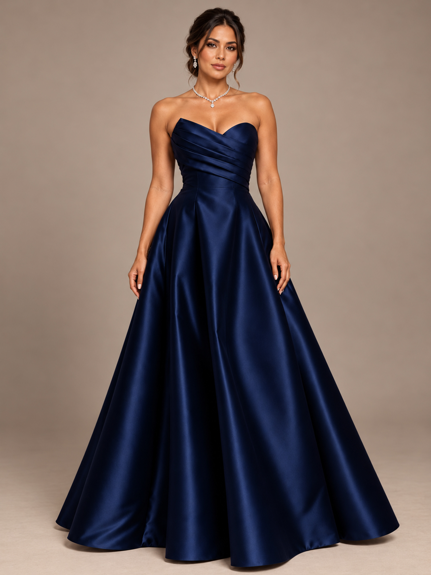 Navy Blue Strapless Sweetheart Ruched A-Line Maxi Dress