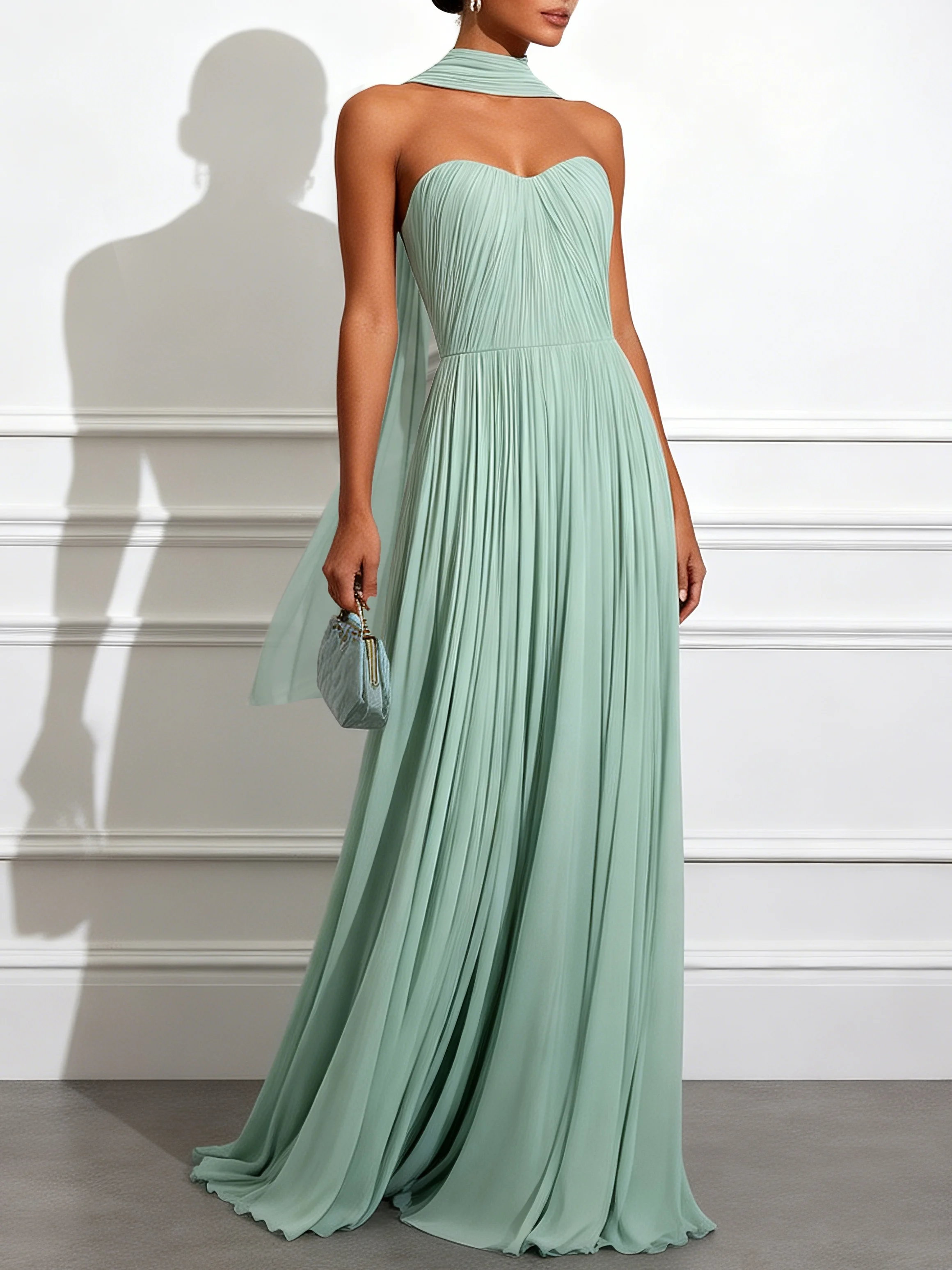 Sage Green  Ruched Chiffon Strapless Sleeveless A-Line Gown