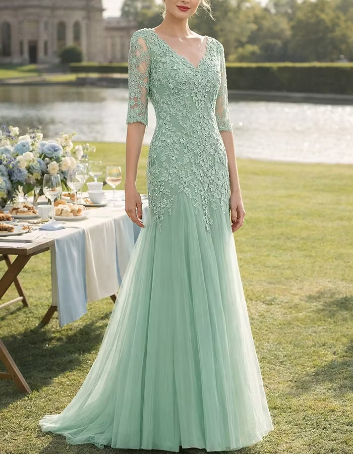 V-Neck Lace Tulle A-Line Maxi Dress