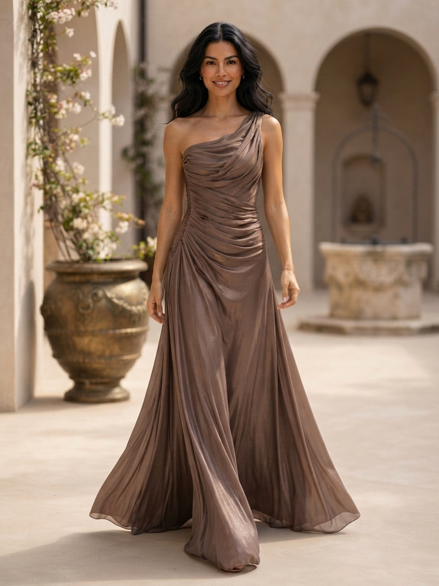 Metallic Taupe One Shoulder Ruched Tulle Maxi Dress