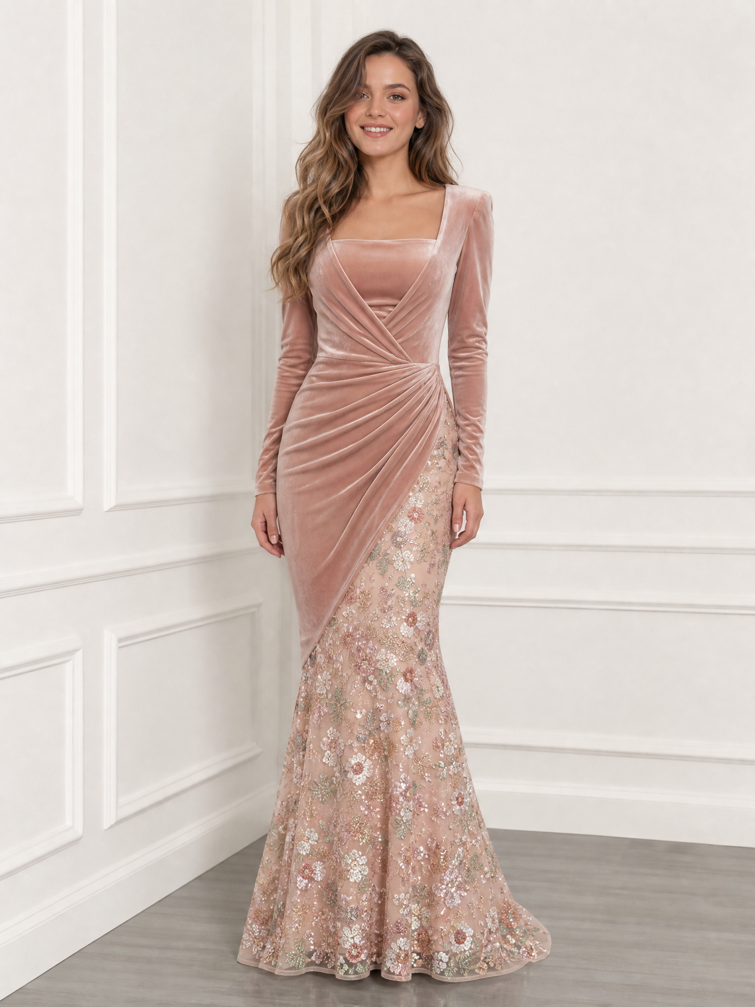 Dusty Rose Square Neck Long Sleeve Mermaid Floor‑Length Gown With Floral Embroidery