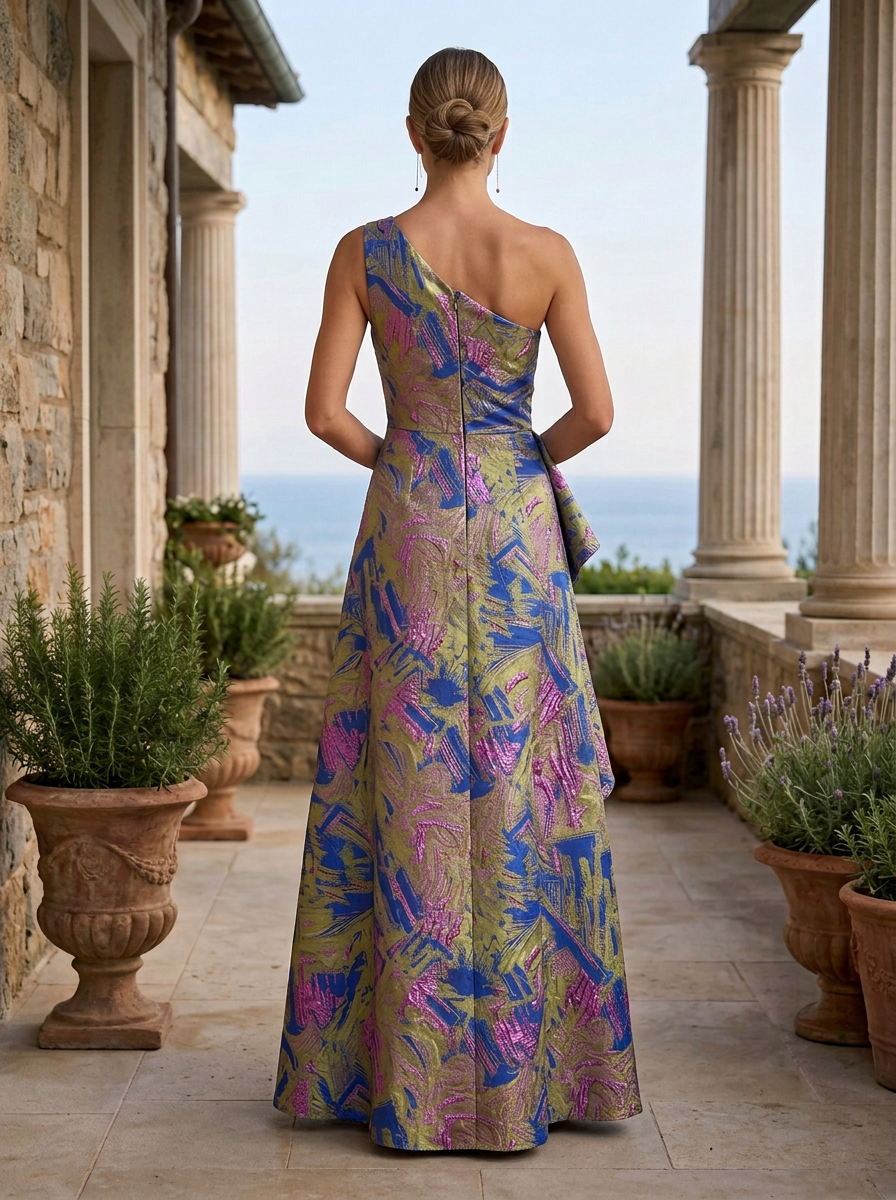Multi Color One-Shoulder Sleeveless Abstract Jacquard Asymmetric Ruffle A-Line Maxi Dress