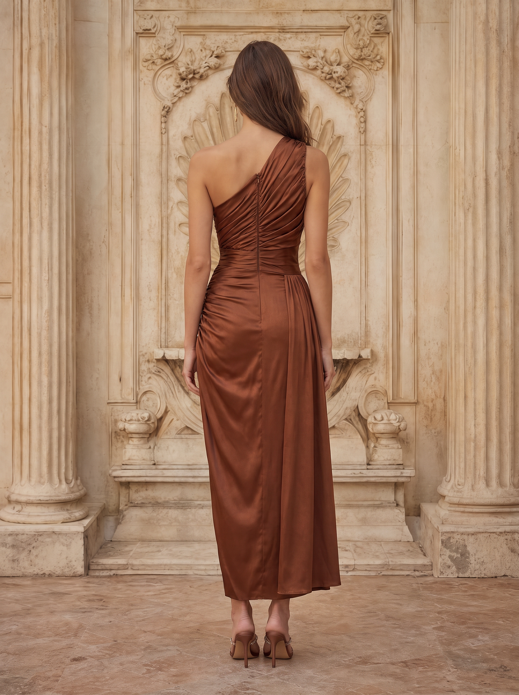Caramel Satin One Shoulder Ruched Slit Tea-Length Dress