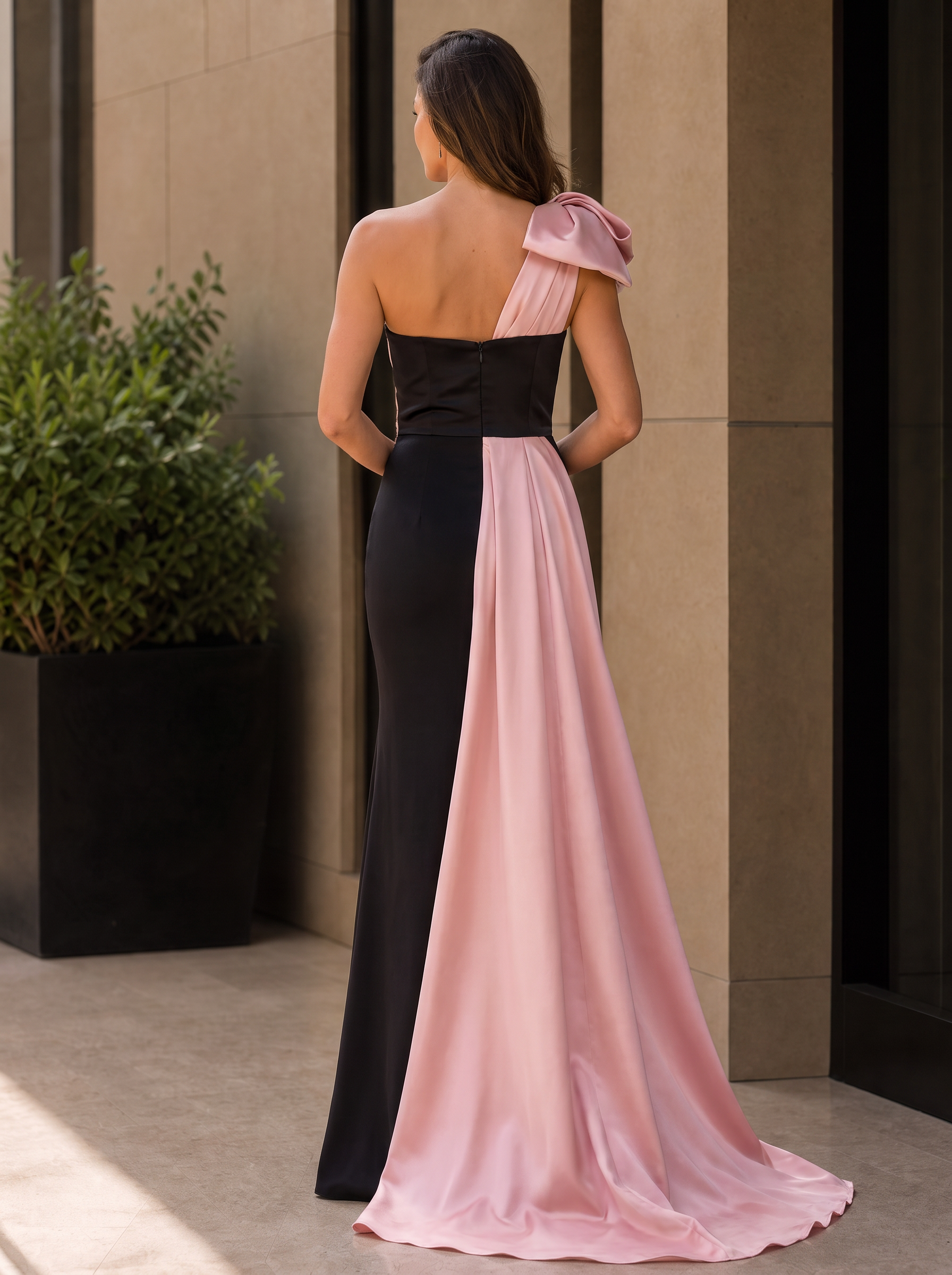 Black and Blush Pink One-Shoulder Bow Draped Mermaid Maxi Dress