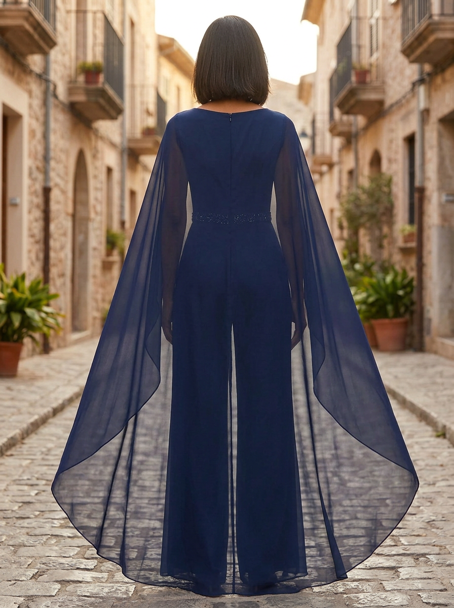 Navy Blue Chiffon Cape Sleeve Beaded Waist Jumpsuit