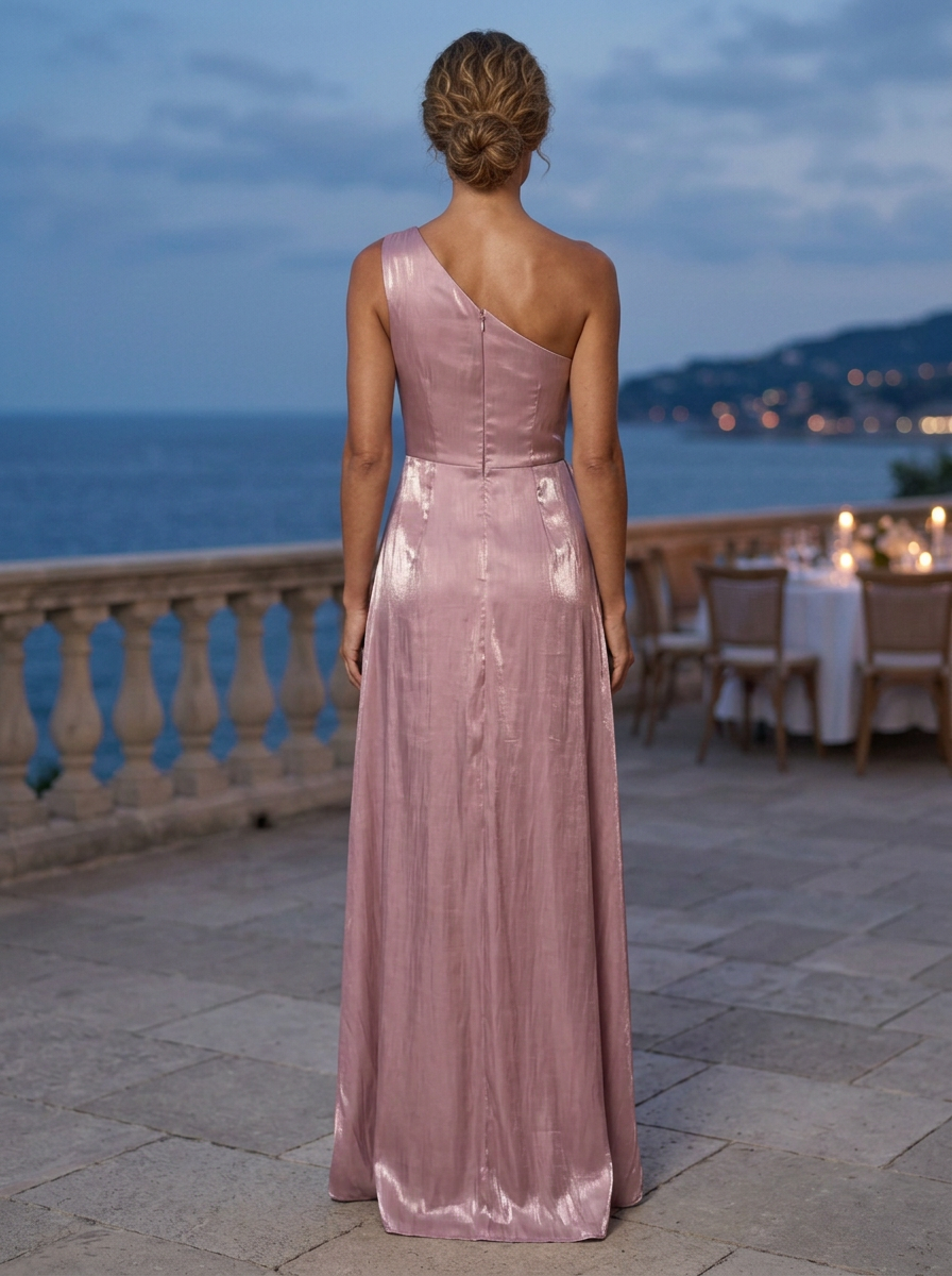 Rose Pink One Shoulder Ruffle Metallic Maxi Dress