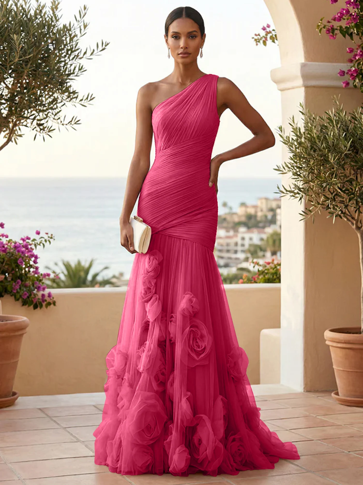  Sweetheart Tulle Pleat One Shoulder Mermaid Evening Dresses Gown with 3D Flower