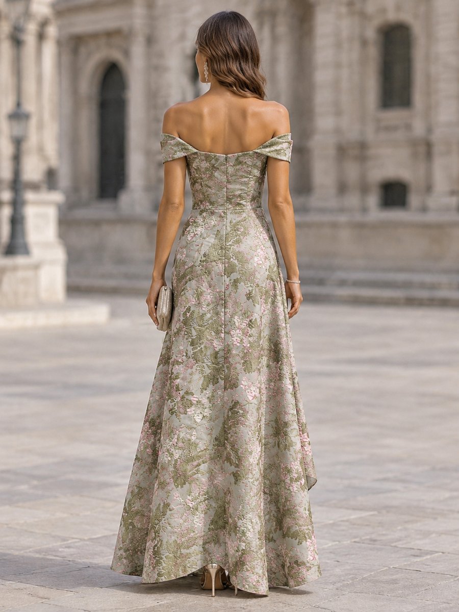 Ivory Off Shoulder Jacquard Floral High-Low Maxi Dress