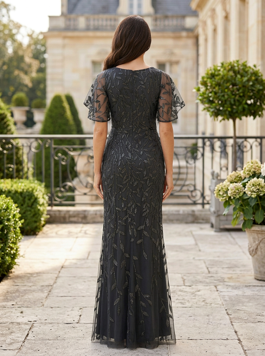 Black Sequined Leaf Embroidery Blended V-Neck Maxi Dress