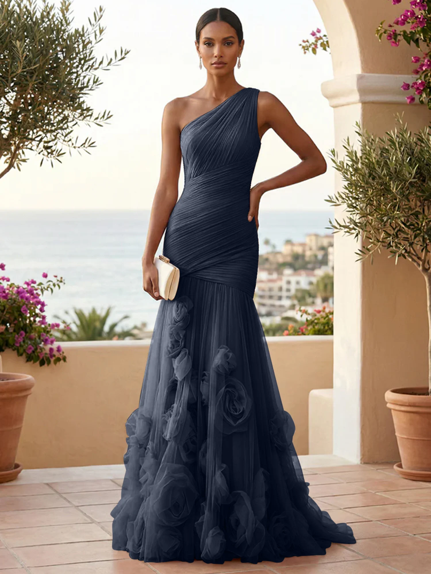  Sweetheart Tulle Pleat One Shoulder Mermaid Evening Dresses Gown with 3D Flower
