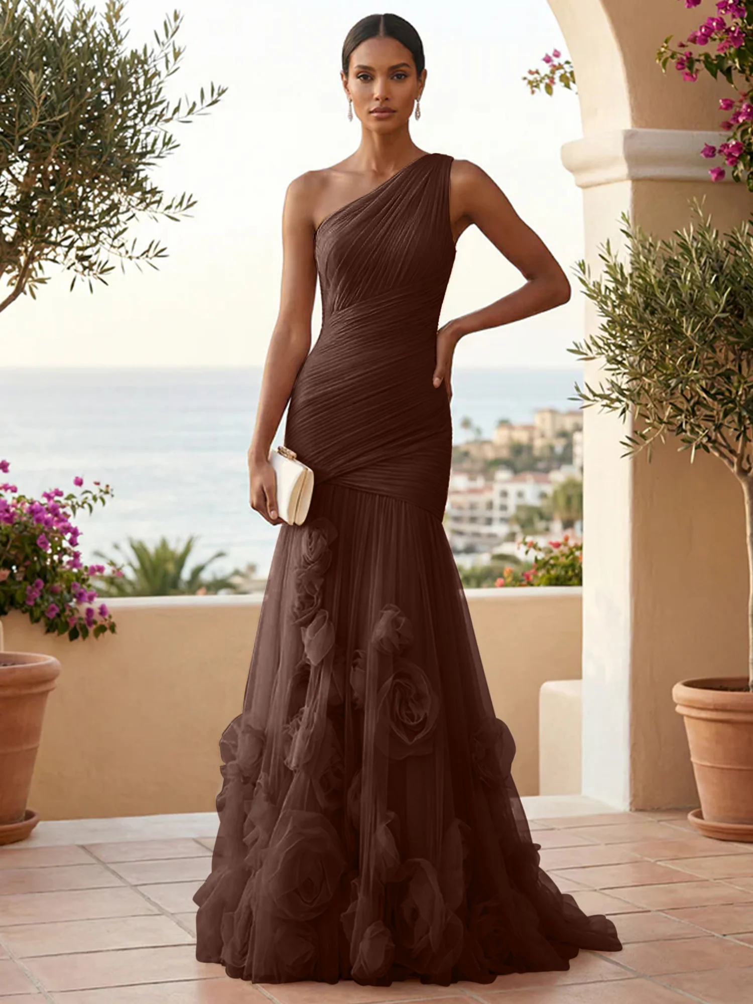 Sweetheart Tulle Pleat One Shoulder Mermaid Evening Dresses Gown with 3D Flower
