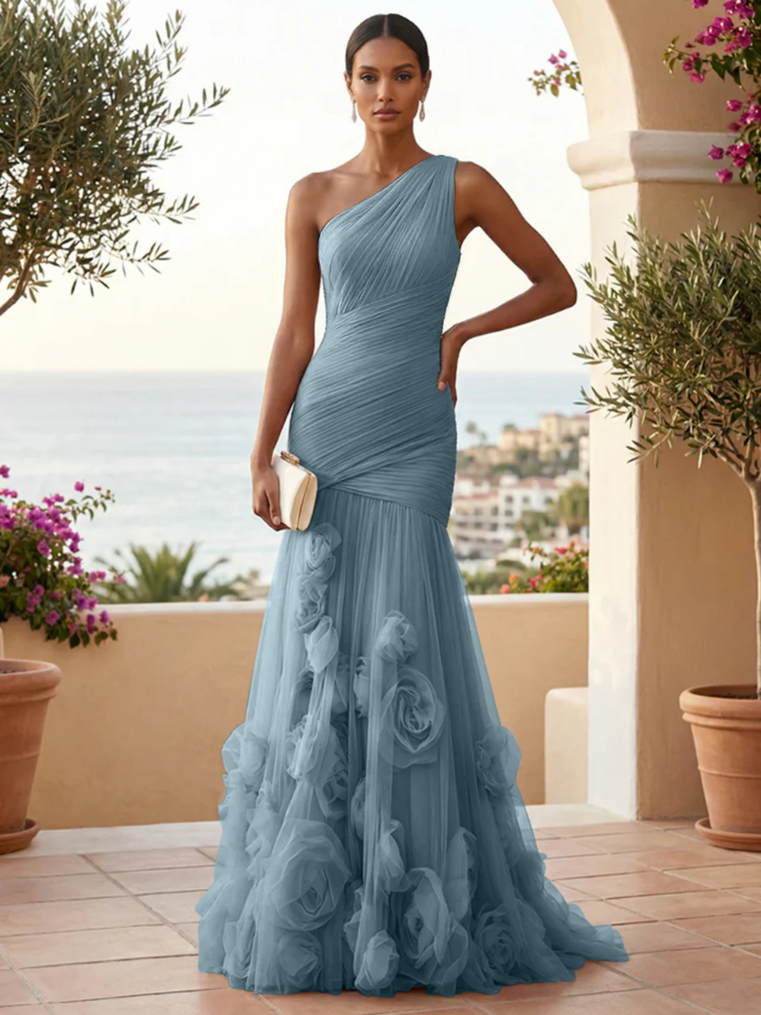  Sweetheart Tulle Pleat One Shoulder Mermaid Evening Dresses Gown with 3D Flower