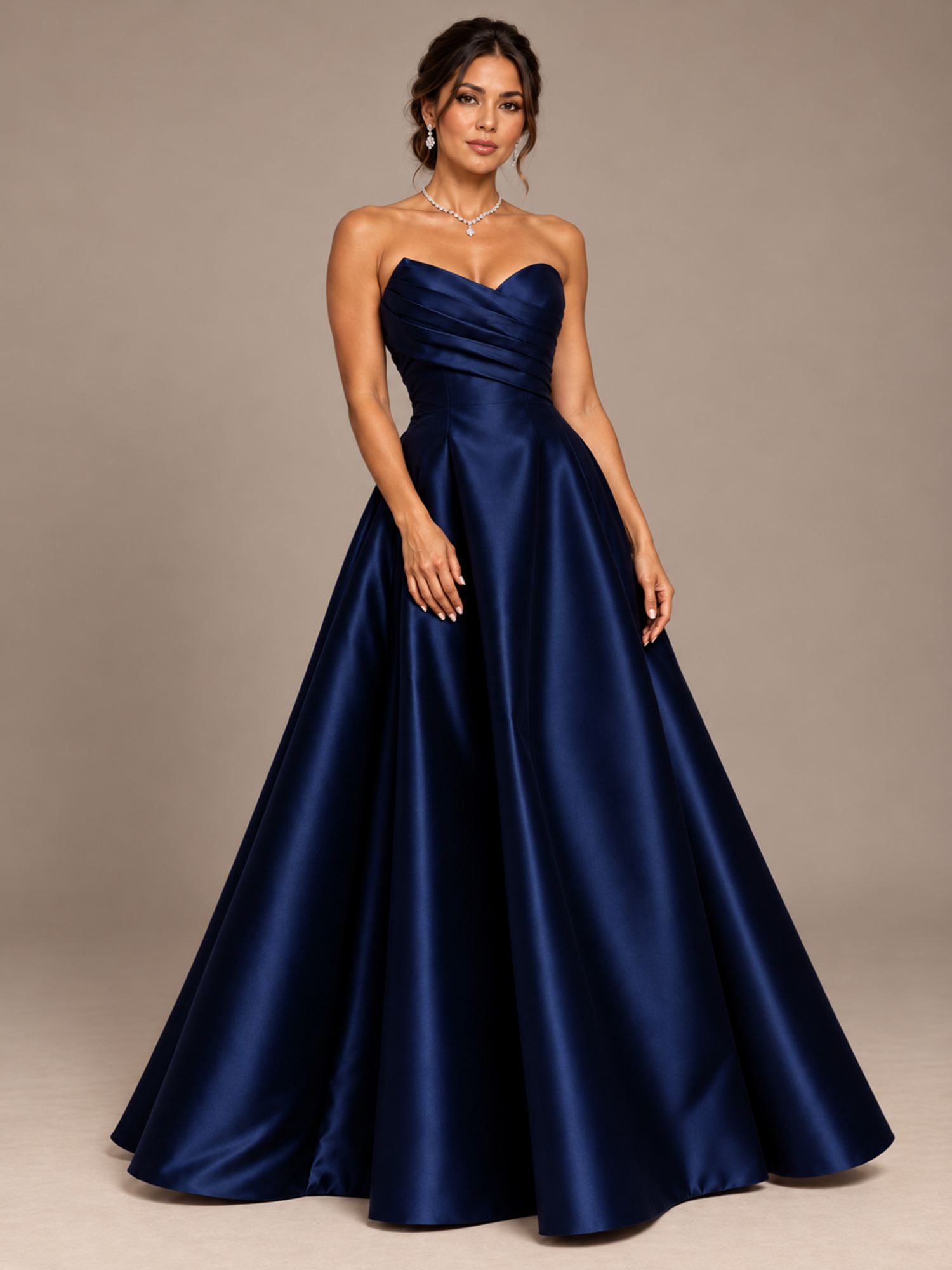 Navy Blue Strapless Sweetheart Ruched A-Line Maxi Dress