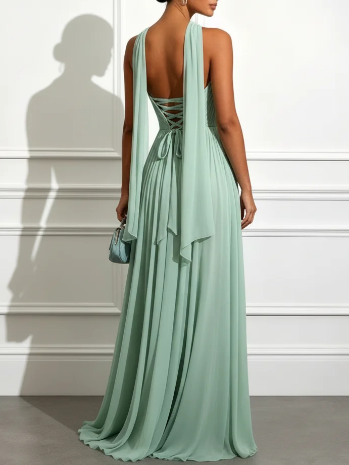 Sage Green  Ruched Chiffon Strapless Sleeveless A-Line Gown