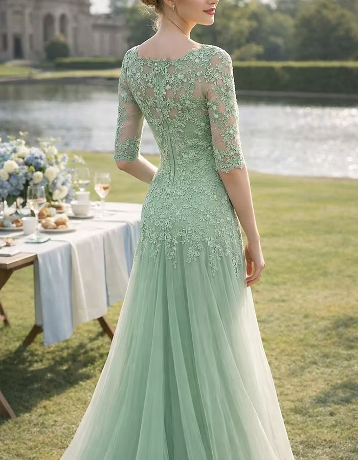 V-Neck Lace Tulle A-Line Maxi Dress