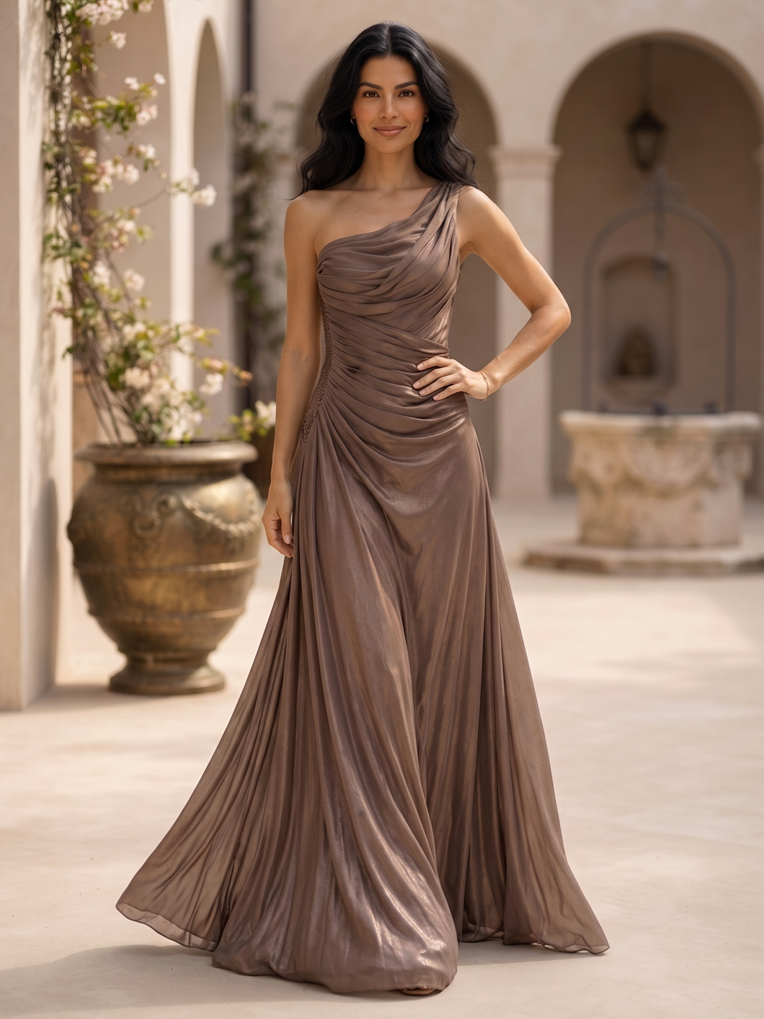 Metallic Taupe One Shoulder Ruched Tulle Maxi Dress