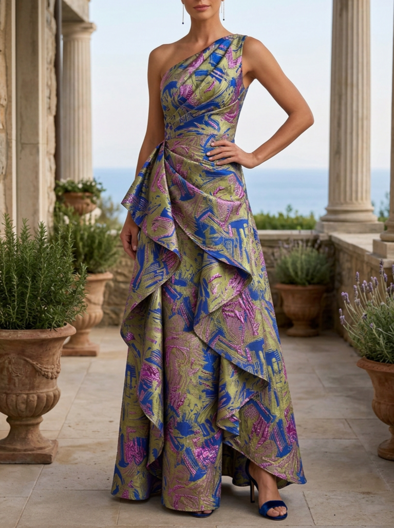 Multi Color One-Shoulder Sleeveless Abstract Jacquard Asymmetric Ruffle A-Line Maxi Dress