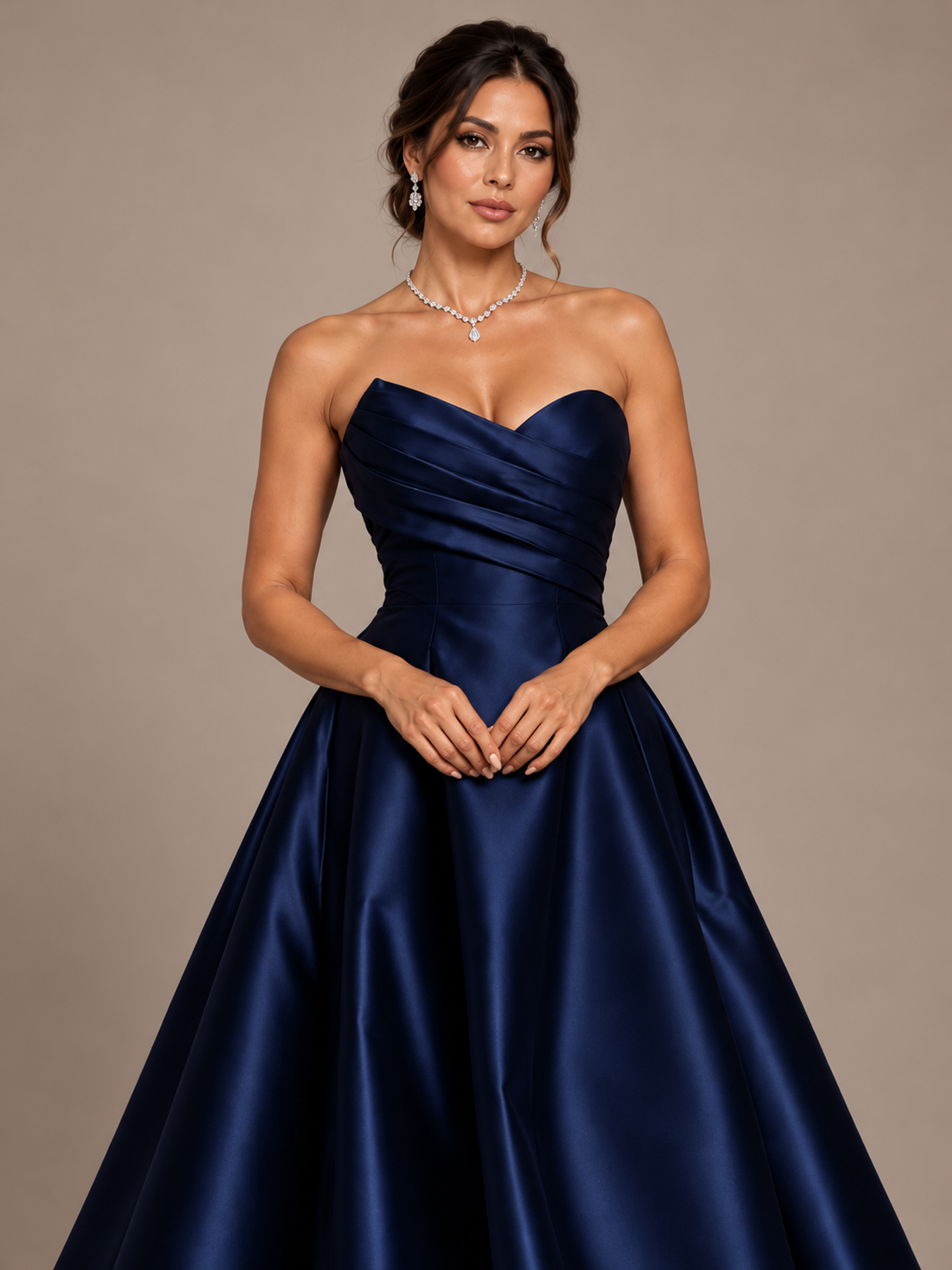 Navy Blue Strapless Sweetheart Ruched A-Line Maxi Dress