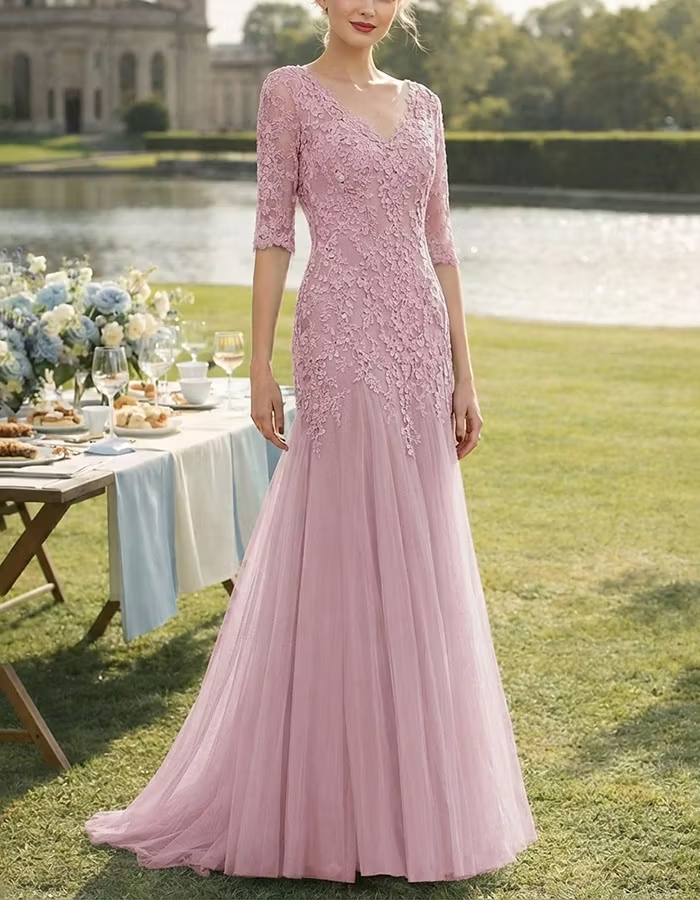 V-Neck Lace Tulle A-Line Maxi Dress