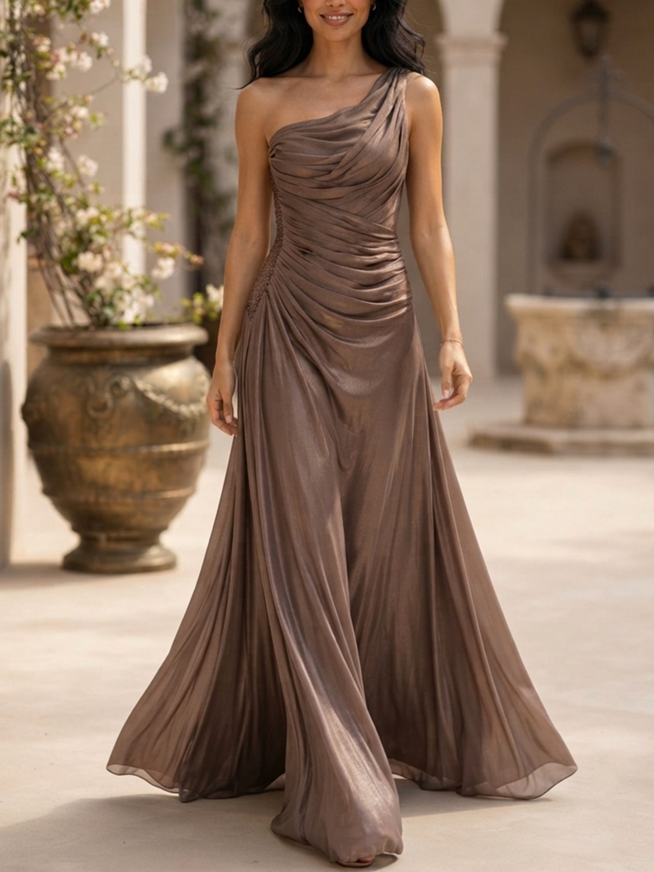 Metallic Taupe One Shoulder Ruched Tulle Maxi Dress