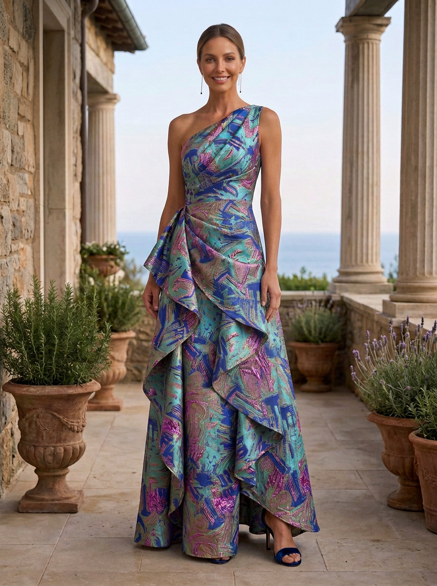 Multi Color One-Shoulder Sleeveless Abstract Jacquard Asymmetric Ruffle A-Line Maxi Dress
