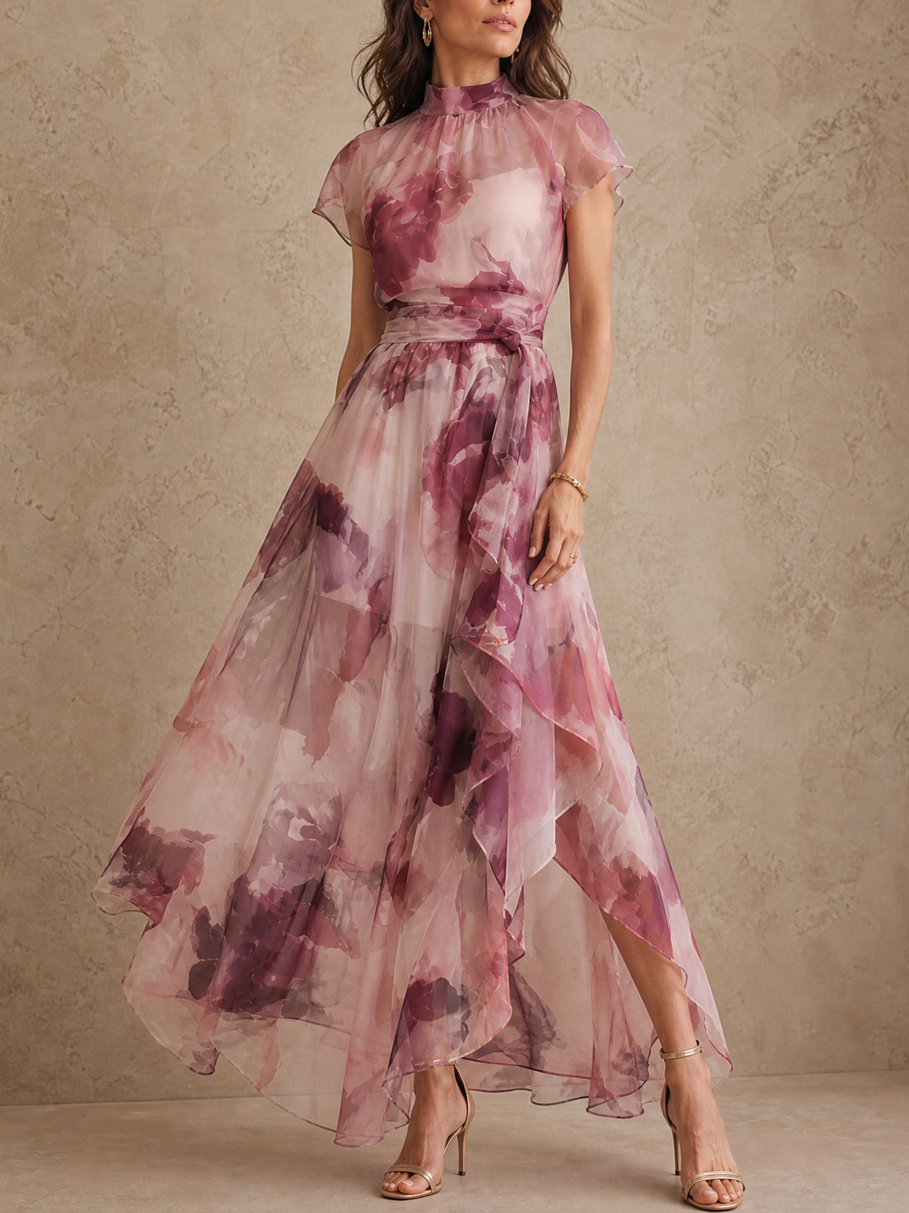 Ethereal Mauve Floral High-Neck Chiffon A-Line Maxi Gown Dress