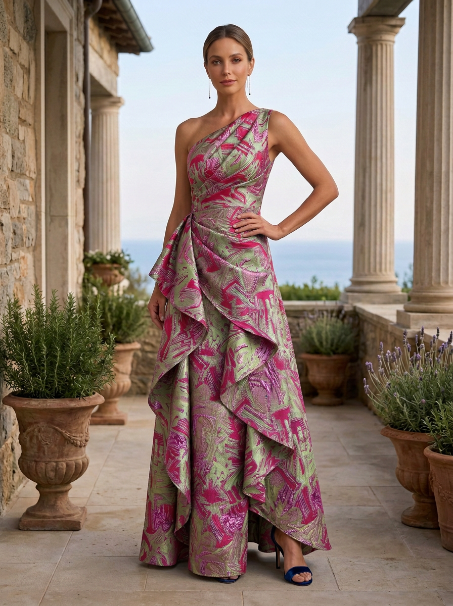 Multi Color One-Shoulder Sleeveless Abstract Jacquard Asymmetric Ruffle A-Line Maxi Dress