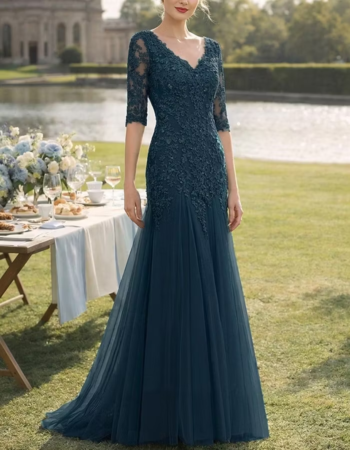 V-Neck Lace Tulle A-Line Maxi Dress