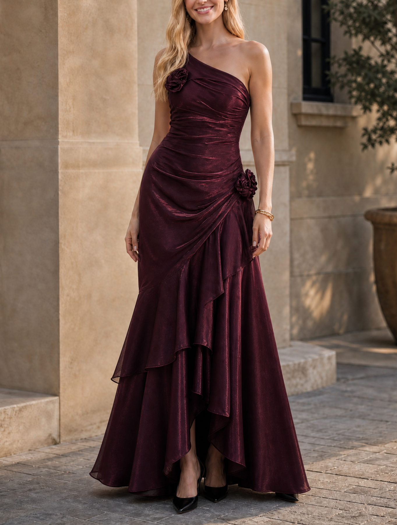 Burgundy One-Shoulder Ruched Ruffled High-Low Floor-Length Gown Dress