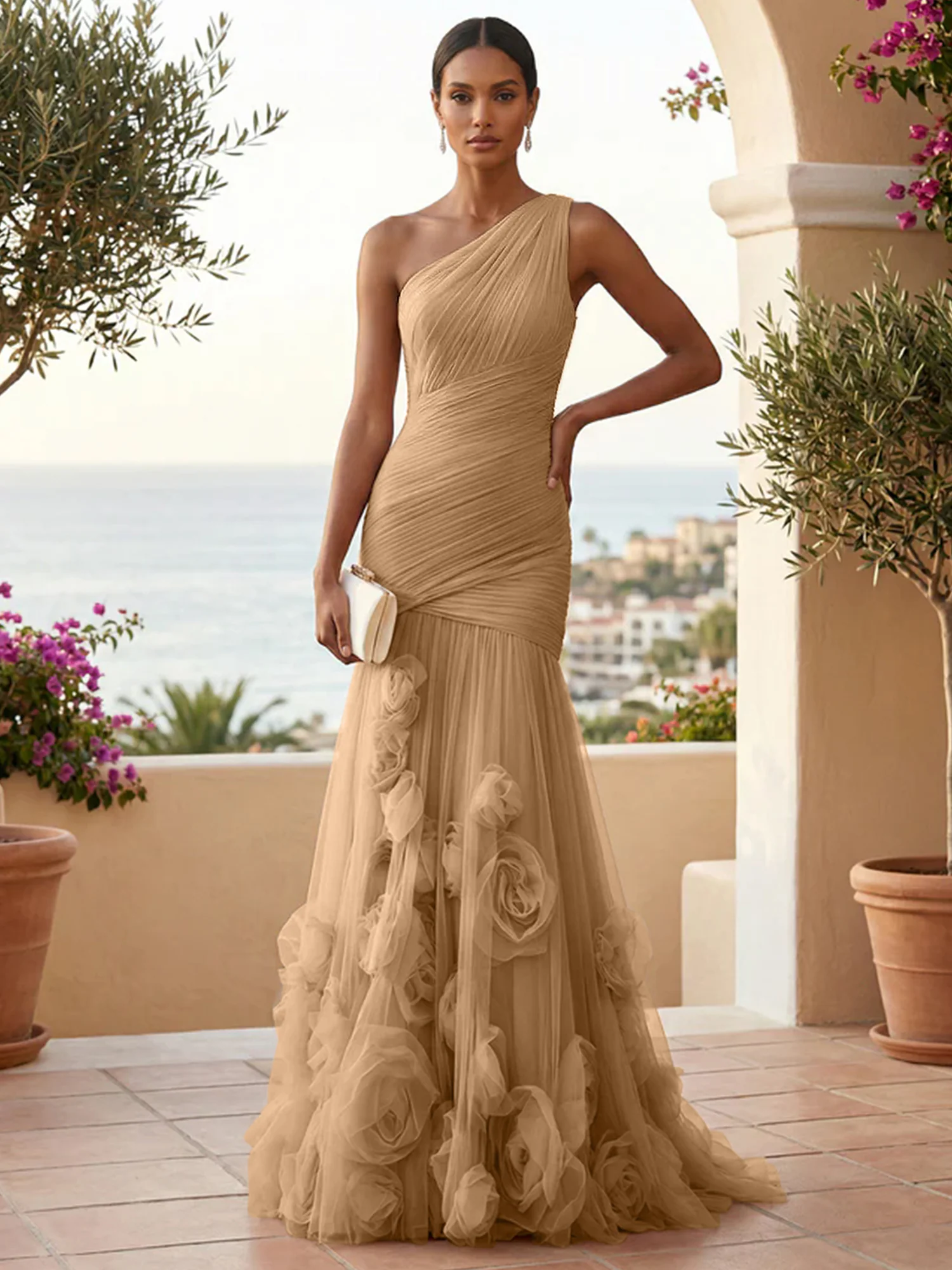  Sweetheart Tulle Pleat One Shoulder Mermaid Evening Dresses Gown with 3D Flower