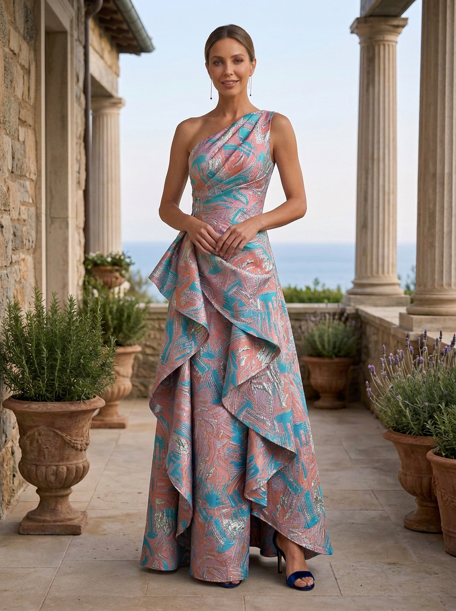 Multi Color One-Shoulder Sleeveless Abstract Jacquard Asymmetric Ruffle A-Line Maxi Dress