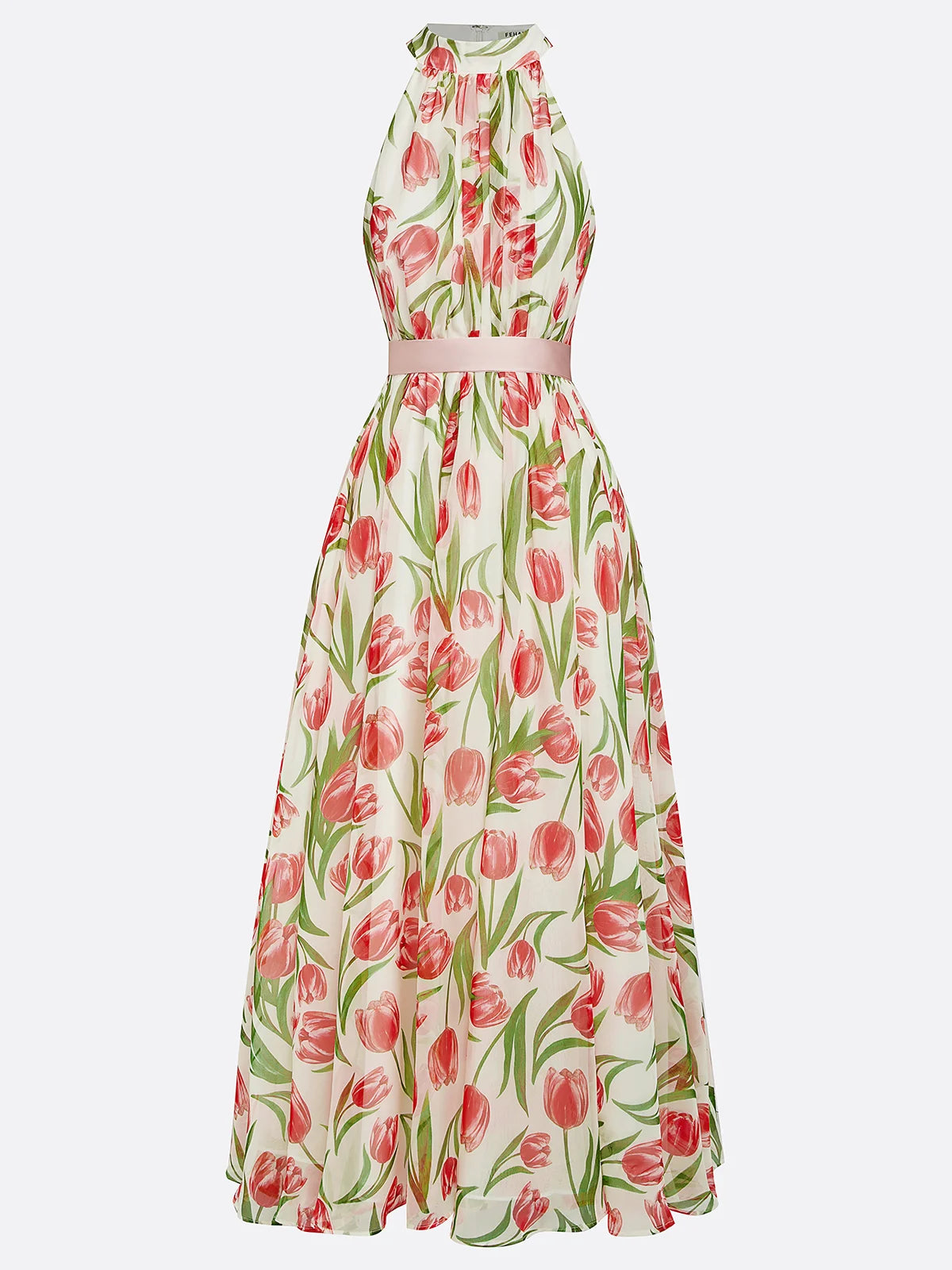 Pink Pleated Floral Chiffon Halter Sleeveless A-Line Mock Neck Maxi Dress