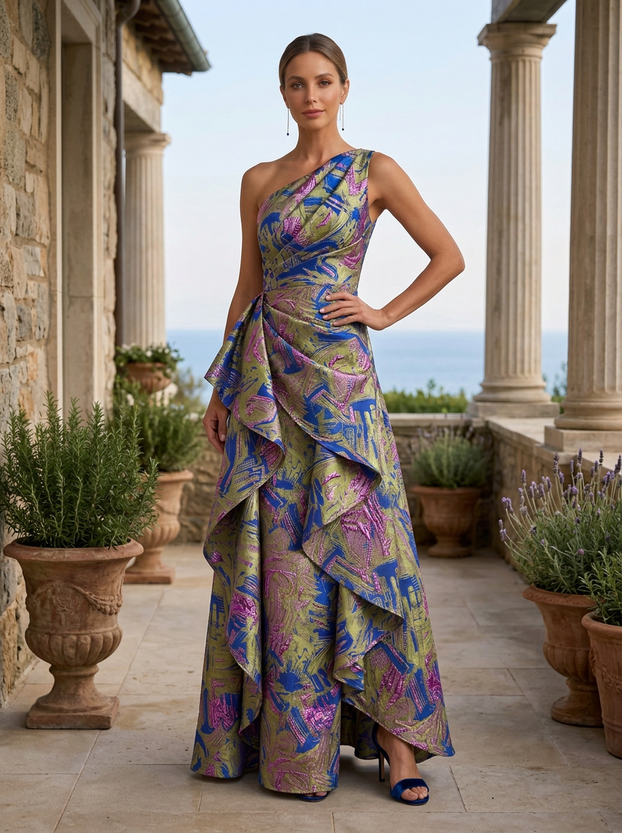Multi Color One-Shoulder Sleeveless Abstract Jacquard Asymmetric Ruffle A-Line Maxi Dress