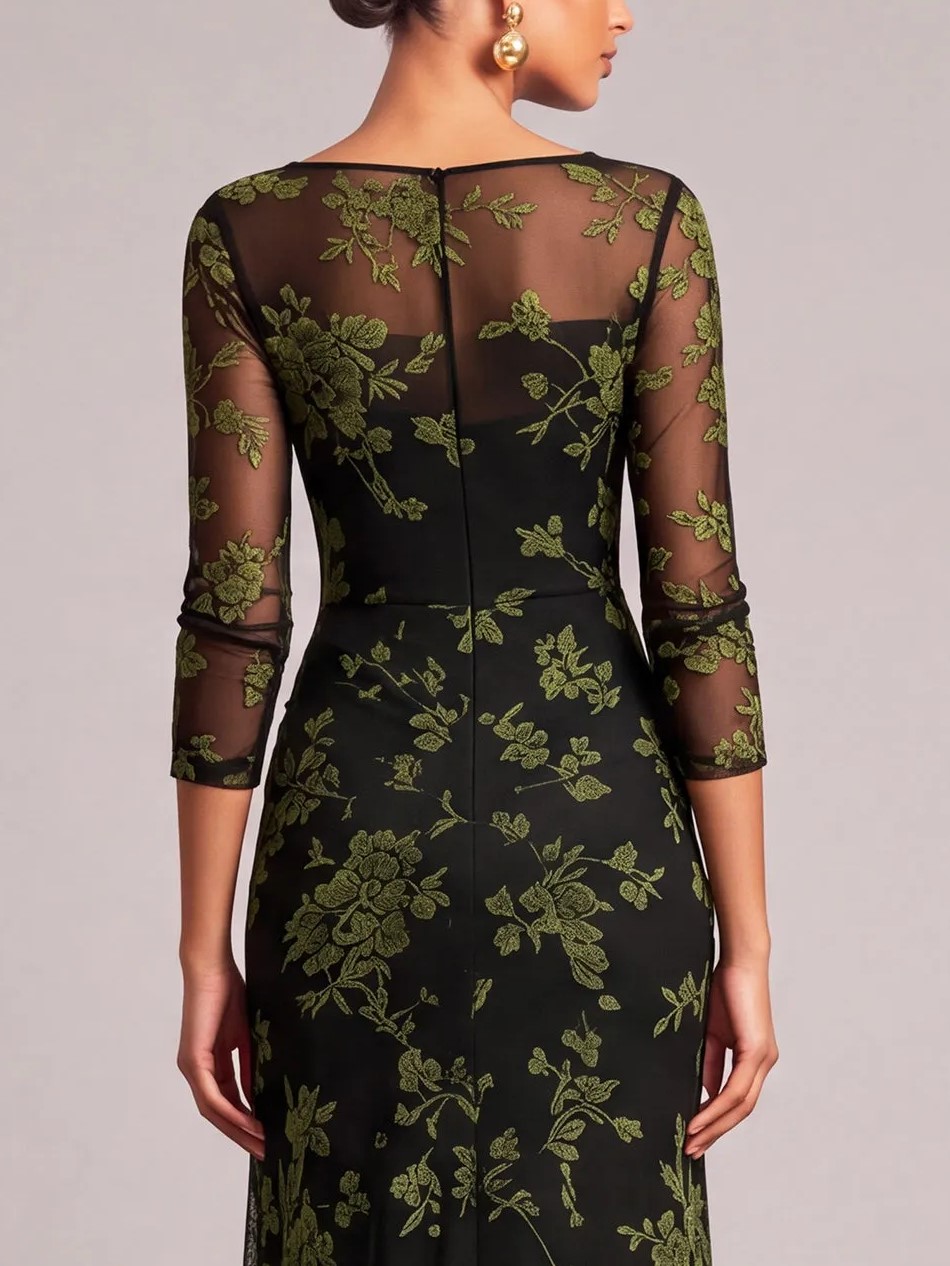 Black Round Neck 3/4 Sleeve Floral Embroidery Ruched Waist Sheath Maxi Dress