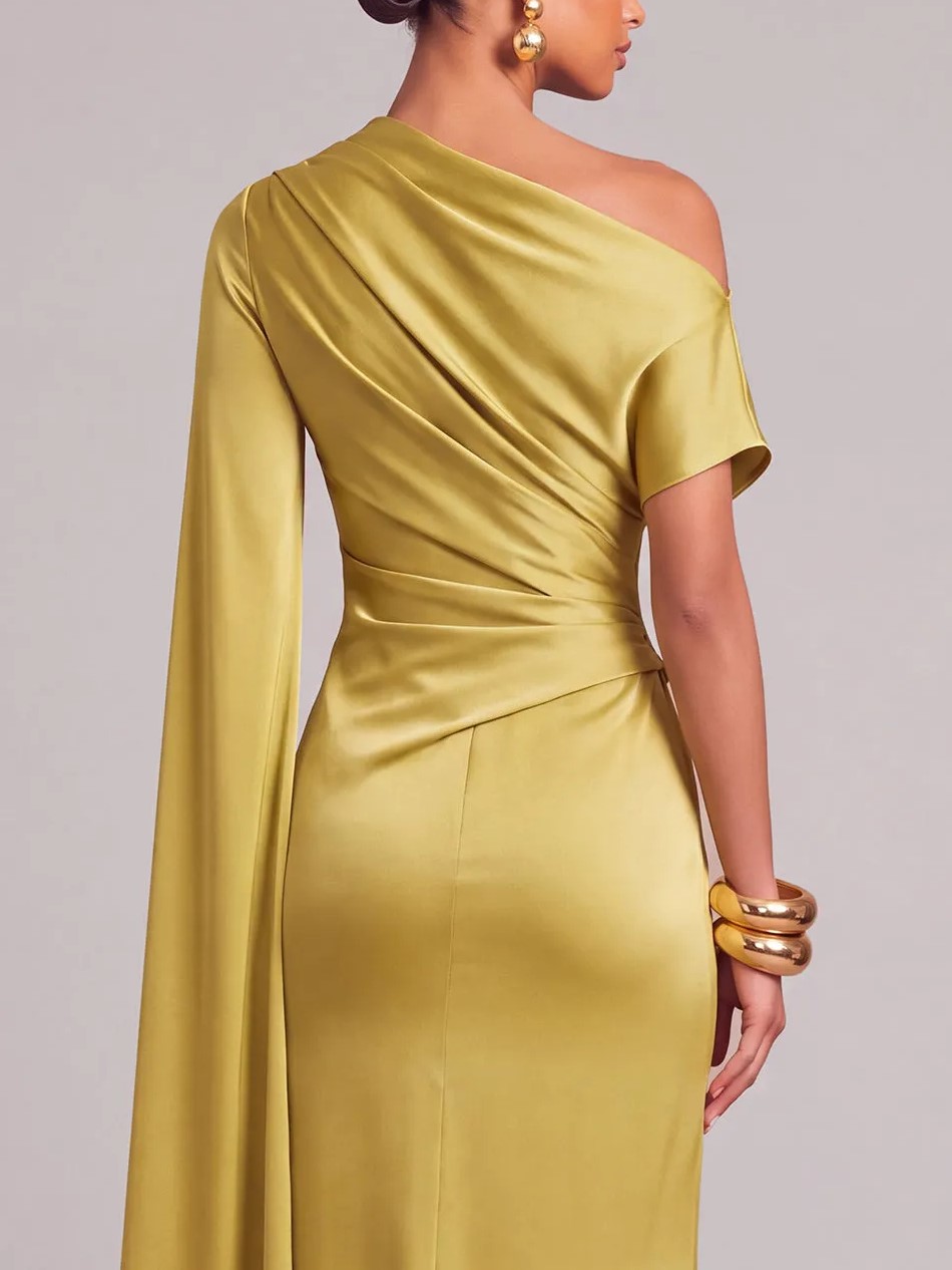 Mustard Asymmetric One-Shoulder Cape Sleeve Draped Waist Sheath Maxi Dress