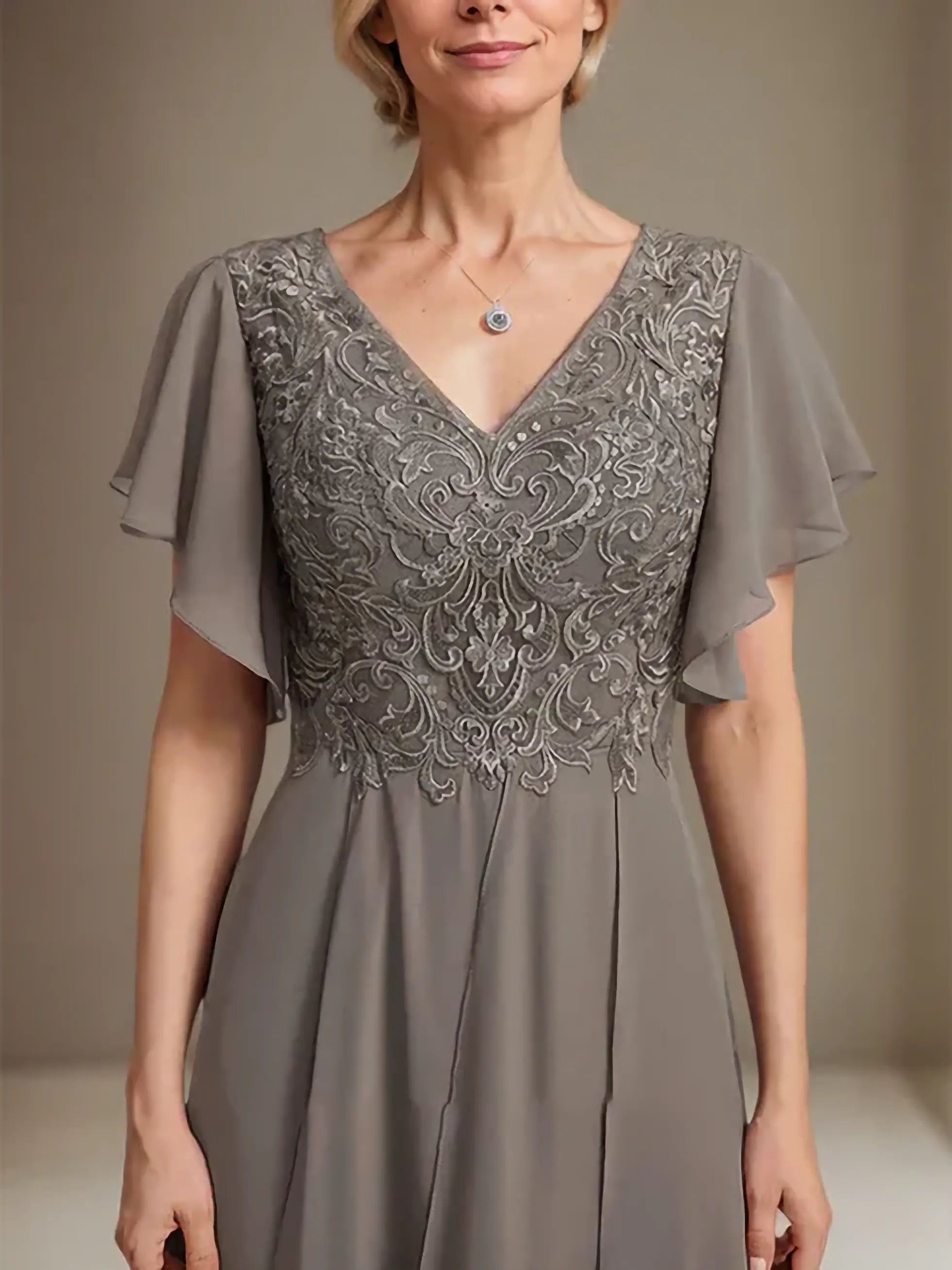 A-line V-Neck Ankle-Length Lace Chiffon Mother of the Bride Dress With Cascading Ruffles