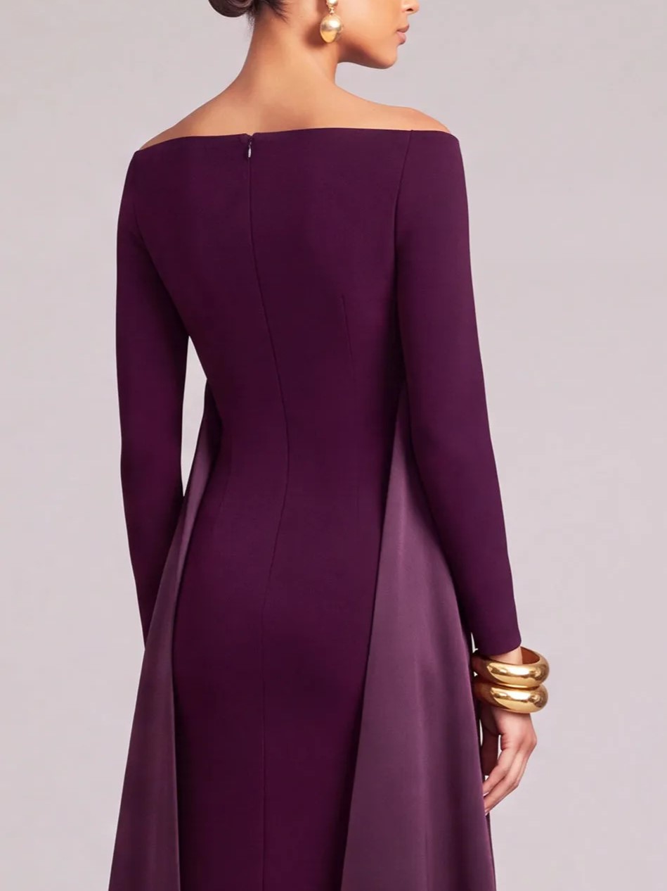 Burgundy Off-the-Shoulder Long Sleeve Sash Belt Sheath Maxi Dress