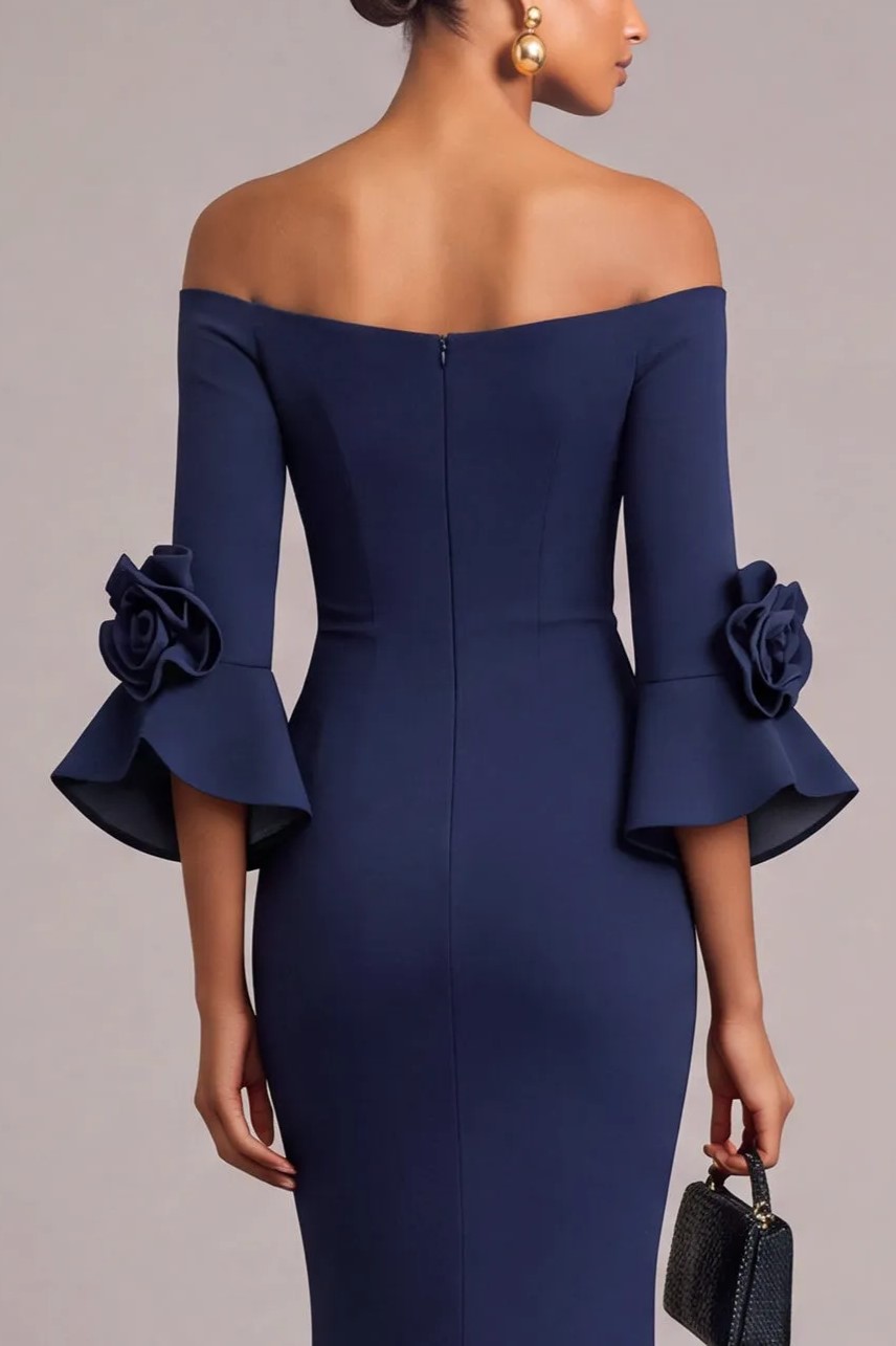 Navy Blue Off-the-Shoulder 3/4 Flare Sleeve 3D Flower Cuff Mermaid Maxi Dress