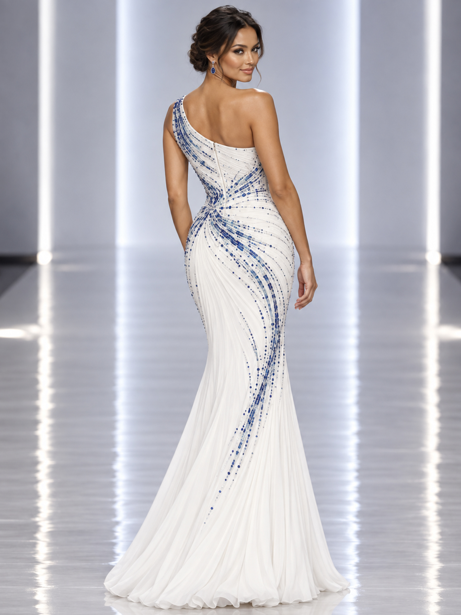 White One-Shoulder Sleeveless Blue Beaded Mermaid Maxi Dress