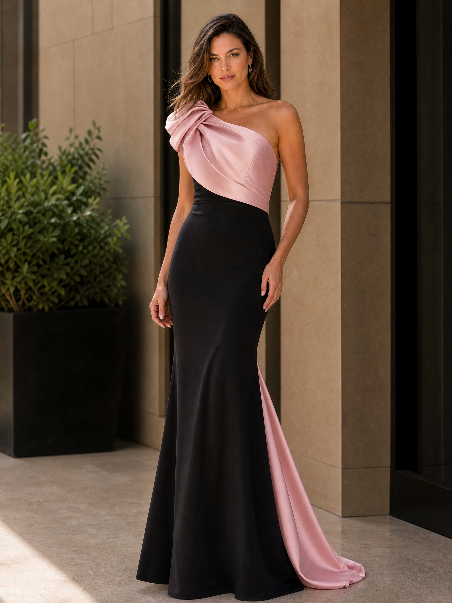 Black and Blush Pink One-Shoulder Bow Draped Mermaid Maxi Dress
