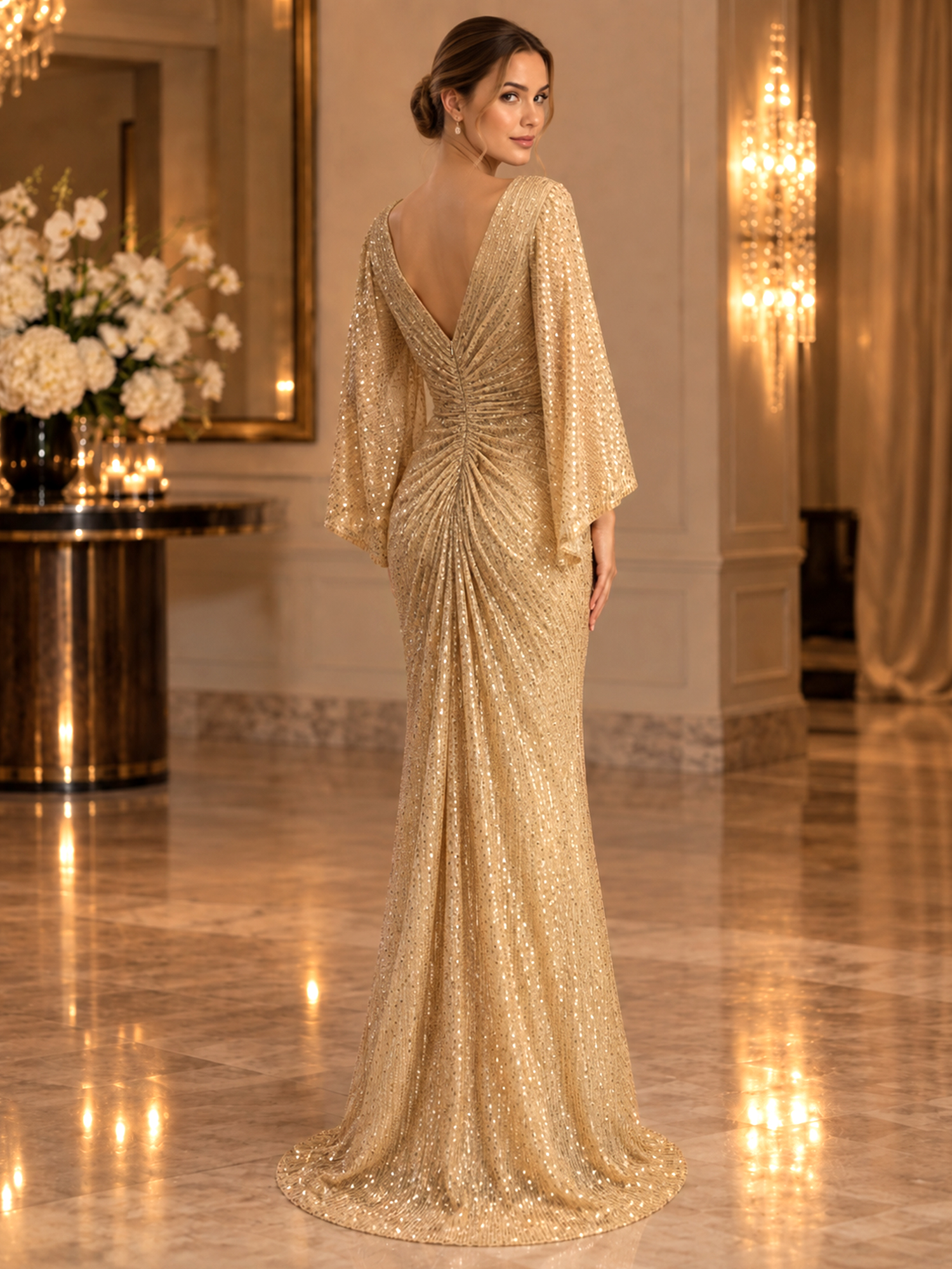 Gold Sequined V Neck Flare Sleeve Mermaid Maxi Dress
